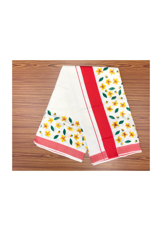 20% Discount Kaitharikada Kerala Saree - Cotton Printed 4 Inch Reddish Orange Boder  Zari -Yellow Flower Prints- TPS010.1