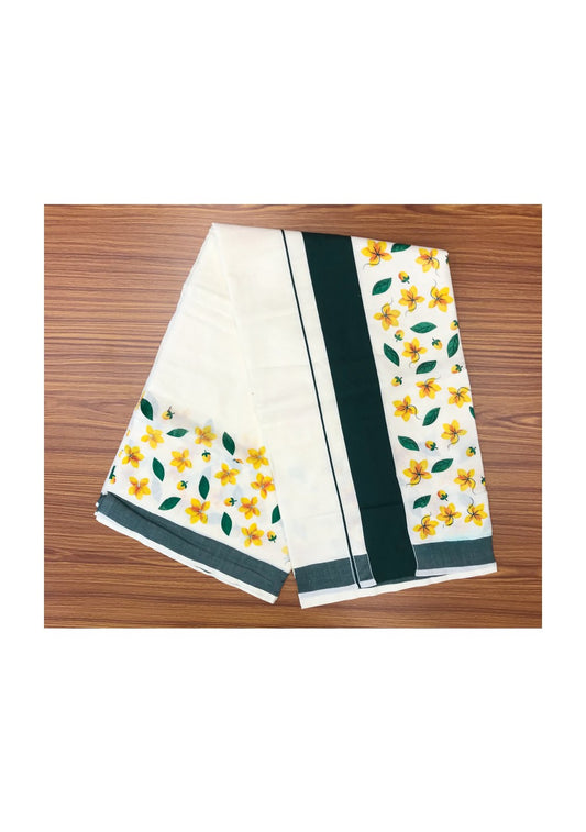 20% Discount Kaitharikada Kerala Saree - Cotton Printed 4inch Dark Green Boder Zari - Yellow Flower Prints - TPS011