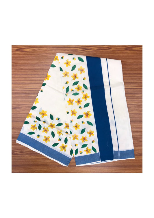 20% Discount Kaitharikada Kerala Saree - Cotton Printed 4.25 Inch Peacock Blue Boder Zari - Yellow Flower Prints - TPS013.1