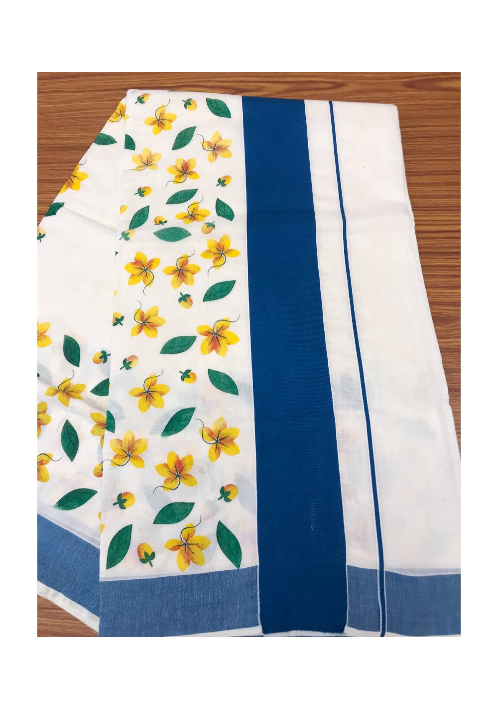 20% Discount Kaitharikada Kerala Saree - Cotton Printed 4.25 Inch Peacock Blue Boder Zari - Yellow Flower Prints - TPS013.1
