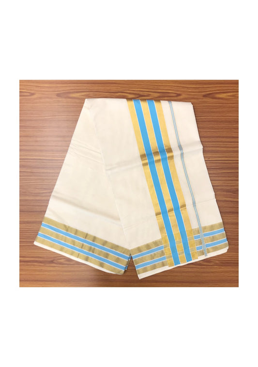 20% Discount Kaitharikada Kerala Saree - Cotton Kasavu Saree Pallu - Sky Blue & Kasavu Stripes .- 38.