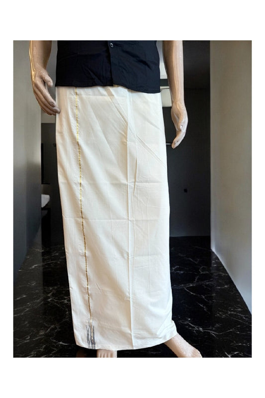 28% DISCOUNT ! KaithariKada Balaramapuram 100%  COTTON SINGLE OFF WHITE - (Unbleached) Mundu/Dhoti-100X100-  0.25 cm double Dark Blue Chutty (2 meter / 4 muzham) - 13KK400ASH