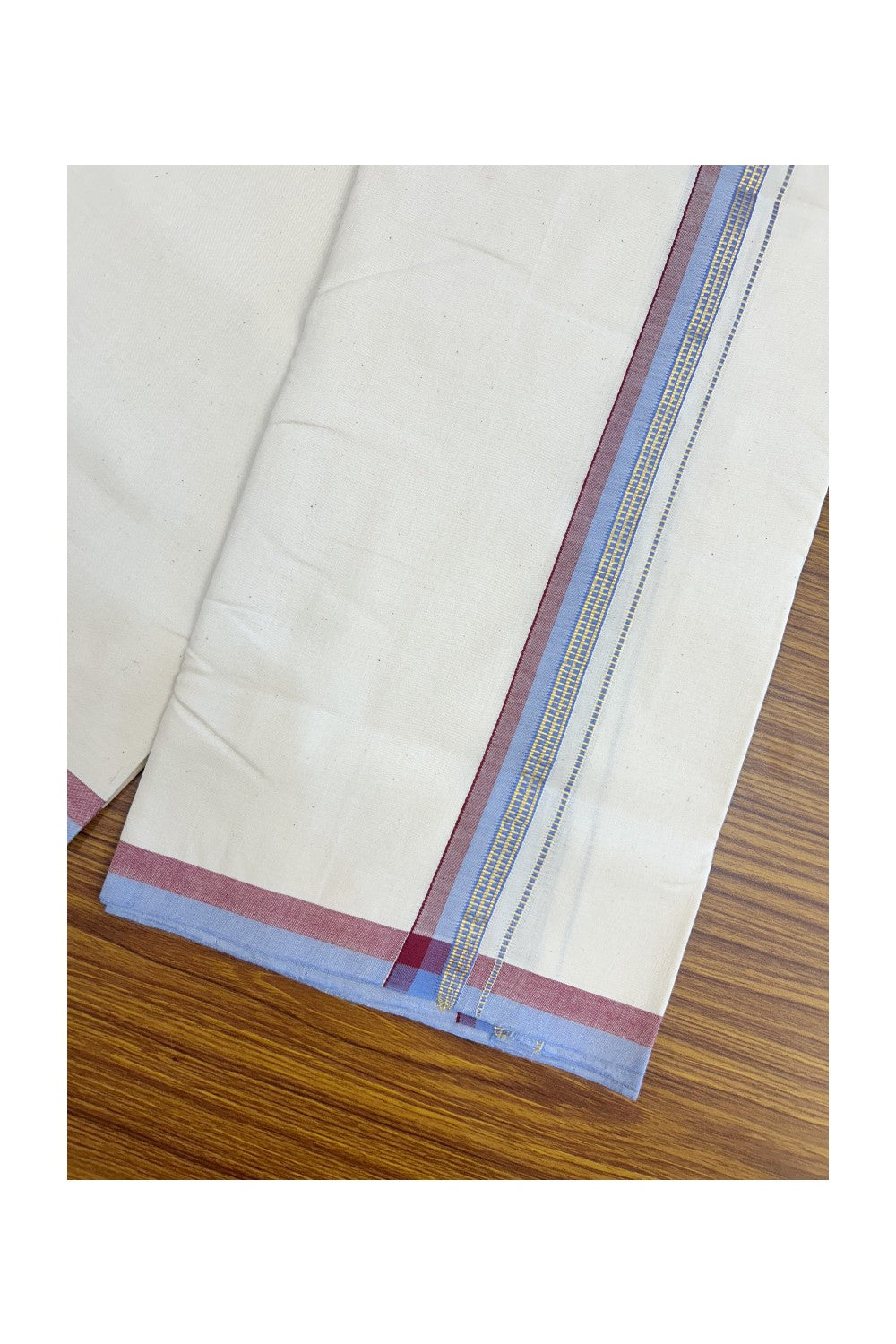 30%DISCOUNT!! SIGNATURE KAITHARIKADA EXCLUSIVE SINGLE DHOTI - 100% Cotton Balaramapuram HANDLOOM Single Mundu/Dhoti - Off White - (Unbleached) 1 inch Maroon Lavender & Gold Kasavu Kara (2 meter / 4 muzham)- 6KK5173KAI