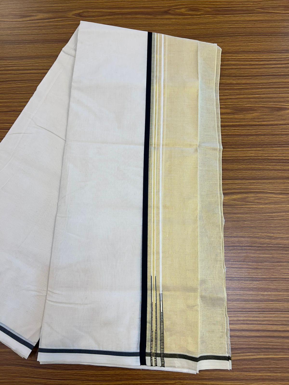 25% DISCOUNT! KaithariKada Balaramapuram 100% Cotton OFF WHITE Double (Unbleached) Mundu/Dhoti-100x100 - 3 cm Puliyilakkara Black Kara Tissue Side Double Chutty