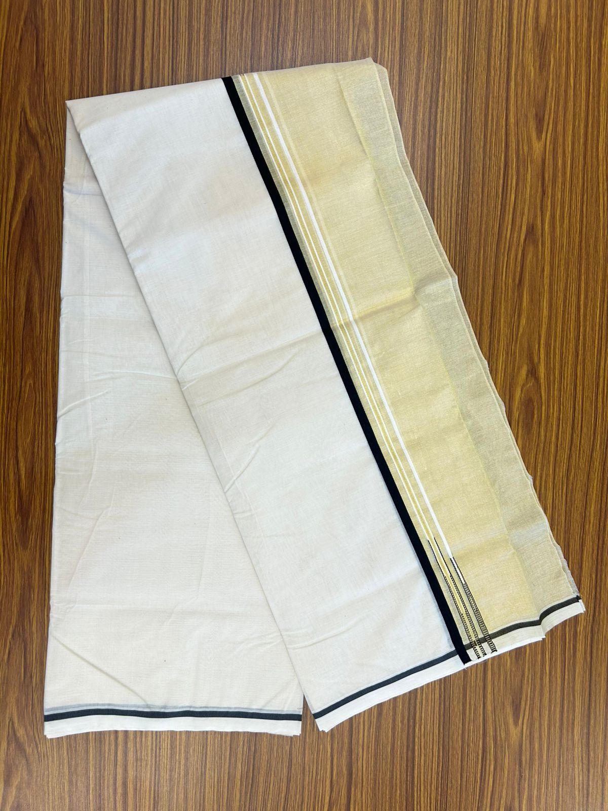 25% DISCOUNT! KaithariKada Balaramapuram 100% Cotton OFF WHITE Double (Unbleached) Mundu/Dhoti-100x100 - 3 cm Puliyilakkara Black Kara Tissue Side Double Chutty