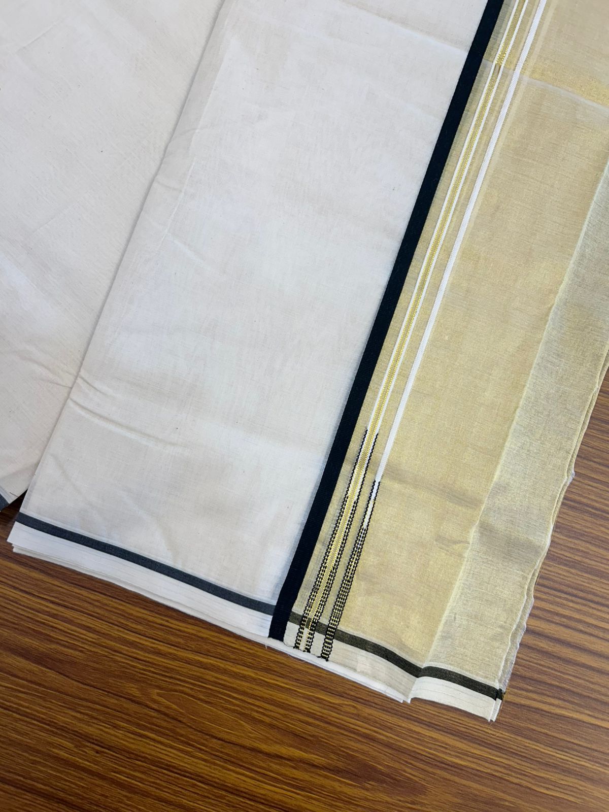 25% DISCOUNT! KaithariKada Balaramapuram 100% Cotton OFF WHITE Double (Unbleached) Mundu/Dhoti-100x100 - 3 cm Puliyilakkara Black Kara Tissue Side Double Chutty