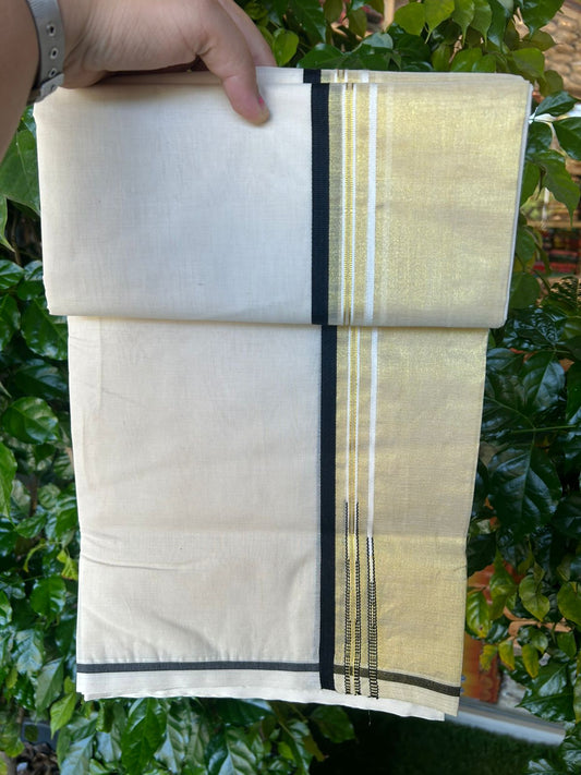 21% DISCOUNT! KaithariKada Balaramapuram 100% Cotton OFF WHITE Double (Unbleached) Mundu/Dhoti-100x100 - 3 cm Puliyilakkara Black Kara Tissue Side Double Chutty