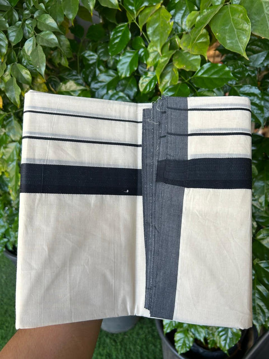 23% DISCOUNT! KaithariKada Balaramapuram 100% Cotton Double Off white - (Unbleached) Mundu/Dhoti-100x100 Black Side Stripes Kara - 4 mtr - 1KK5238ASH