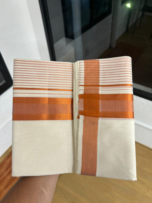 25% Discount ! KaithariKada Handloom Unakkupaav Kerala Handloom - 100% Pure Cotton Off White (Unbleached) Double Mundu/Dhoti - 100x80 - 7 Inch Copper kasav Side Stripes Kara 4 mtr (8.5 muzham) - 1 KK5384 ABH