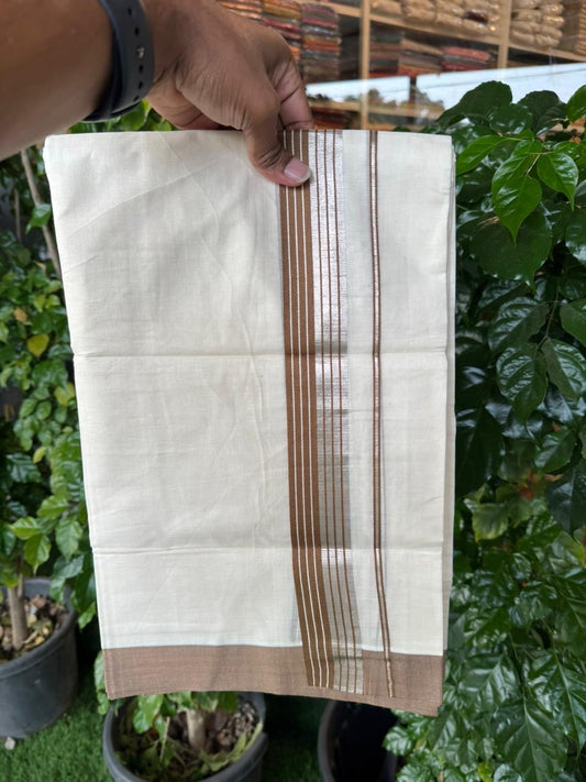 20% Discount! KaithariKada Balaramapuram 100% Cotton Off white Double Mundu/Dhoti - (100x80)S - 1.5 inch Brown & Silver Kasav Striped Kara - 4mtr (8.5muzham) - 75 KK5255 VAS