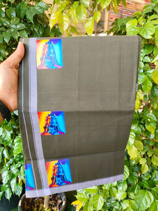 9% Discount !! Kaitharikada Pure Cotton - Single Kaily / Lungi - (40s) - Printed Shiva Design & 0.5 inch White kara with Sage Green colour body (2 meter / 4 muzham) - 5 KK8028 GAN