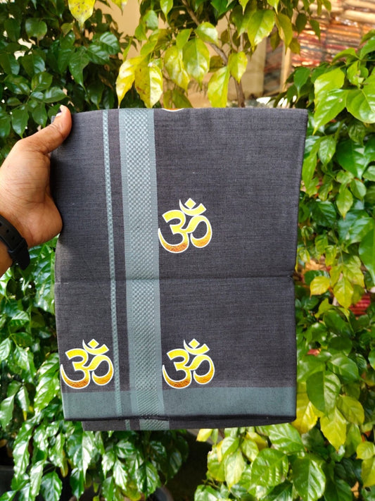 34% Discount ! Kaitharikada Pure Cotton - Single Kaily / Lungi -(40s)- 1.25 inch Greyish Teal Green Ohm Printed Design kara with Shaded Black colour body  (2 meter / 4 muzham) - 63 KK8028 GAN