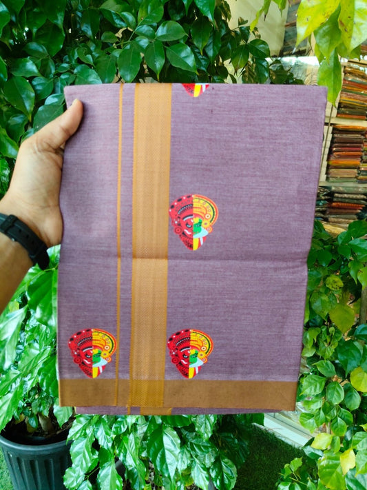 22% Discount! Kaitharikada Pure Cotton - Single Kaily / Lungi - (40s) - 1.25 inch Mustard Yellow striped Theyyam Kadhakali Printed Design kara with Plum Wine shaded colour body  (2 meter / 4 muzham) - 12 KK8028 GAN