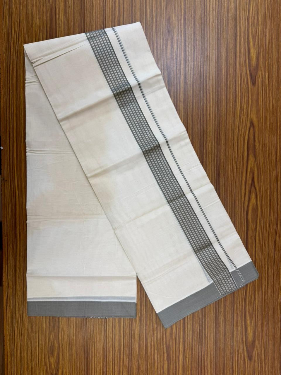 20% Discount! KaithariKada Balaramapuram 100% Cotton Off white Double Mundu/Dhoti - (100x80)S - 1.5 inch Ash Grey & Silver Kasav Striped Kara - 4mtr (8.5muzham) - 78 KK5255 VAS