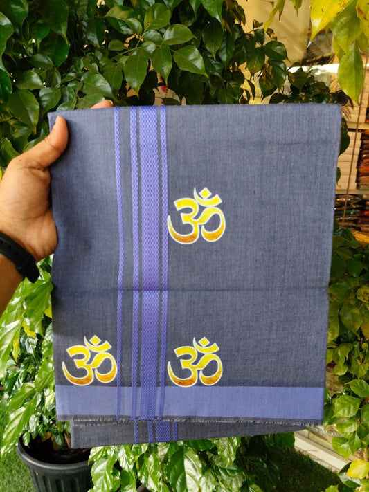 21% Discount ! Kaitharikada Pure Cotton - Single Kaily / Lungi -(40s)- 1.25 inch Lavender Ash Striped Ohm Printed Design kara with Blue Shaded colour body  (2 meter / 4 muzham) - 47 KK8028 GAN