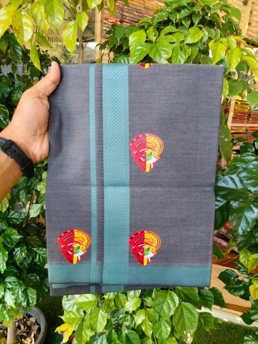 22% Discount! Kaitharikada Pure Cotton - Single Kaily / Lungi - (40s) - 1.25 inch Dark Slate Grey striped Theyyam Kadhakali Printed Design kara with Black shaded colour body  (2 meter / 4 muzham) - 17 KK8028 GAN