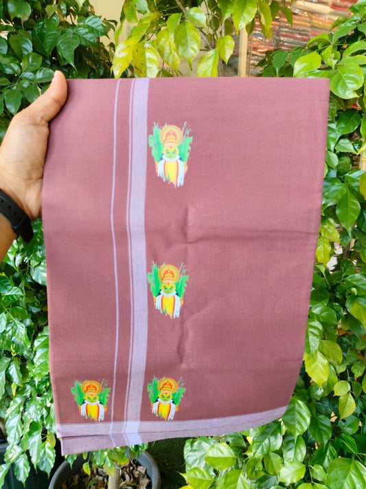 9% Discount !! Kaitharikada Pure Cotton - Single Kaily / Lungi - (40s) - 0.5 inch Kadhakali Printed Design kara with Reddish brown colour body (2 meter / 4 muzham) - 32 KK8028 GAN