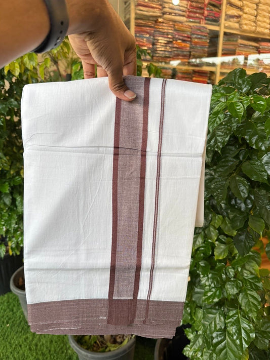 20% Discount ! KaithariKada Balaramapuram 100% Cotton Double Pure white Mundu/Dhoti- 100x80 - 1.75 inch Dark Brown shaded Kara - 3.90mtr ( 8 muzham) - 31 KK5251 PMC