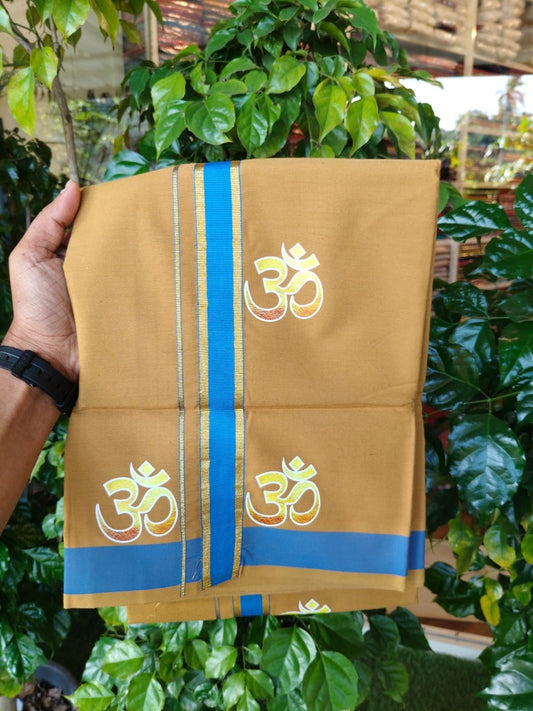 34% Discount ! Kaitharikada Pure Cotton - Single Kaily / Lungi -(40s)- 1.25 inch Gold Kasav & Blue Striped Ohm Printed Design kara with Khaki colour body  (2 meter / 4 muzham) - 61 KK8028 GAN