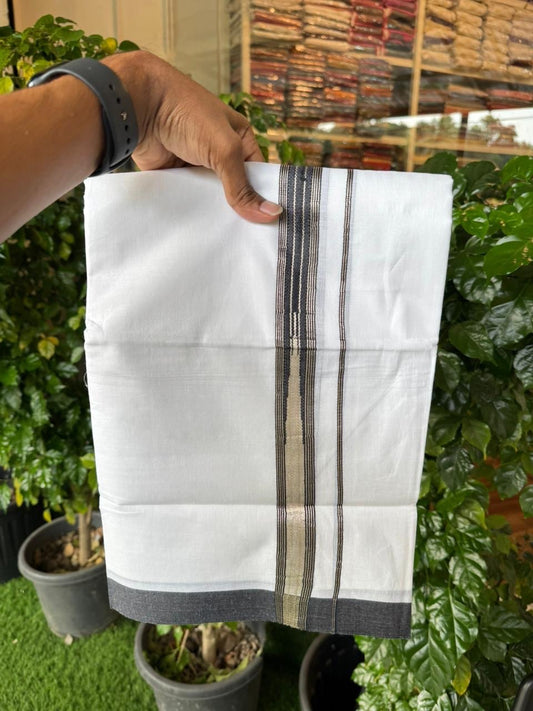 20% Discount ! Kaitharikada Balaramapuram 100% Cotton Pure White Double Mundu/Dothi - 100x80 - 1 inch Puliyilakkara Black & Silver Kasav Striped One Side Chutty Kara 4 mtr (8.5 muzham) - 65 KK5255 VAS
