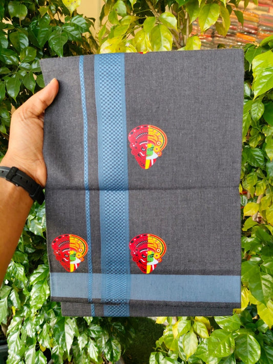 22% Discount! Kaitharikada Pure Cotton - Single Kaily / Lungi - (40s) - 1.25 inch Dark Pastel Blue striped Theyyam Kadhakali Printed Design kara with Black shaded colour body  (2 meter / 4 muzham) - 14 KK8028 GAN