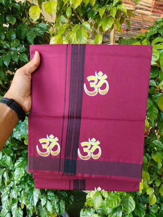 34% Discount ! Kaitharikada Pure Cotton - Single Kaily / Lungi -(40s)- 1.25 inch Black & Ohm Printed Design kara with Vine Purple colour body  (2 meter / 4 muzham) - 44 KK8028 GAN