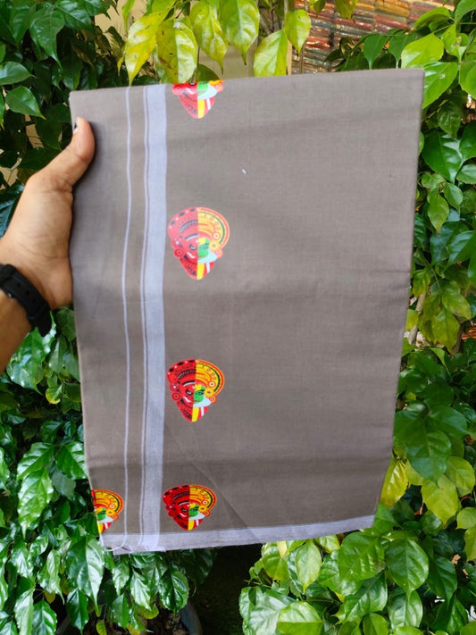 9% Discount !! Kaitharikada Pure Cotton - Single Kaily / Lungi - (40s) - 0.5 inch Theyyam Kadhakali Printed Design kara with Grey  colour body (2 meter / 4 muzham) - 28 KK8028 GAN
