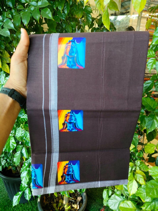 9% Discount !! Kaitharikada Pure Cotton - Single Kaily / Lungi - (40s) - Printed Shiva Design & 0.5 inch White kara with Dark Grape Wine colour body (2 meter / 4 muzham) - 4 KK8028 GAN