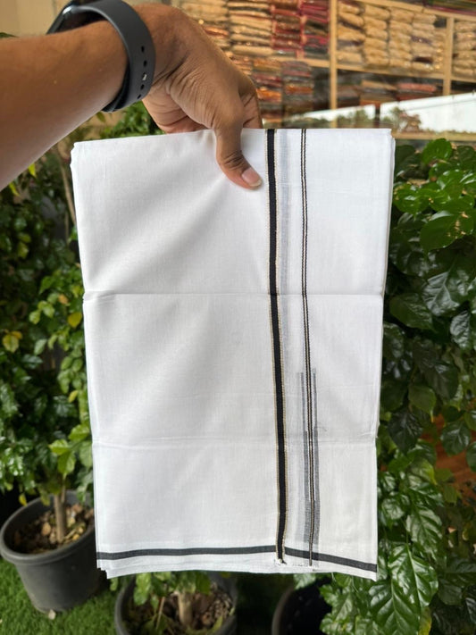 20% Discount ! Kaitharikada Balaramapuram 100% Cotton Pure White Double Mundu/Dothi - 100x80 - 1 cm Puliyilakkara Silver Kasav & Black Chutty Kara 4 mtr (8.5 muzham) - 62 KK5255 VAS