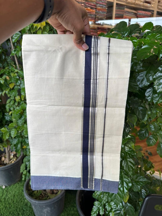 20% Discount! KaithariKada Balaramapuram 100% Cotton Off white Double Mundu/Dhoti - (100x80)S - 1.5 inch Dark Blue & Silver Kasav Striped Kara - 4mtr (8.5muzham) - 71 KK5255 VAS