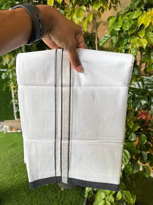 20% Discount ! Kaitharikada Balaramapuram 100% Cotton Pure White Double Mundu/Dothi - 100x80 - 0.75 inch Silver Kasav & Black Striped Kara 4 mtr (8.5 muzham) - 56 KK5255 VAS