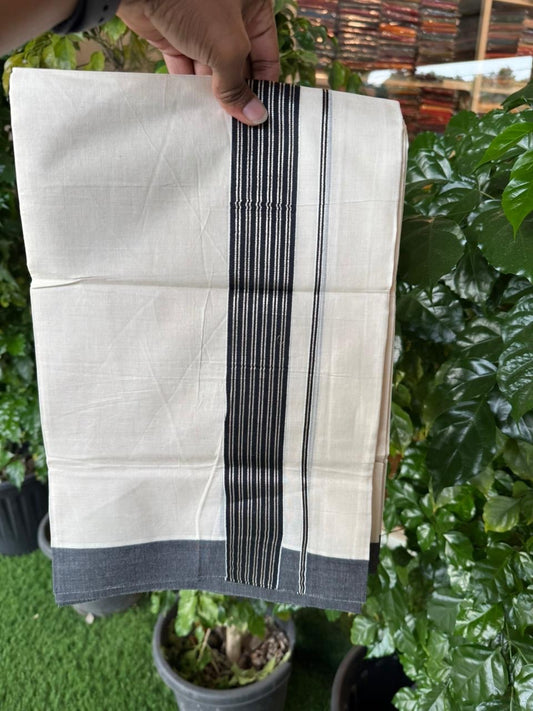 20% Discount! KaithariKada Balaramapuram 100% Cotton Off white Double Mundu/Dhoti - (100x80)S - 1.75 inch Black & Silver Kasav Striped Kara - 4mtr (8.5muzham) - 84 KK5255 VAS