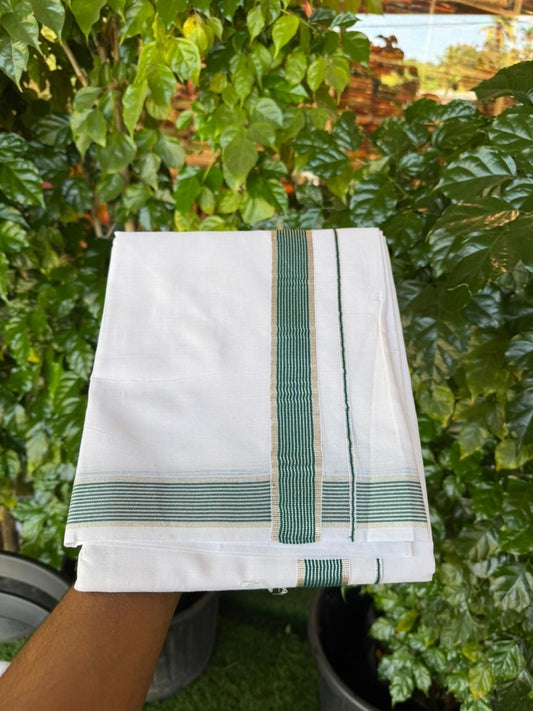 20% Discount ! KaithariKada Balaramapuram 100% Mercerised Cotton Double Ultra Pure white Mundu/Dhoti - 80x80 - 1.25 inch Green & Silver Kasavu Striped Kara - 111 KK5251 PMC