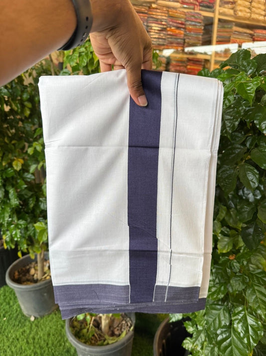 20% Discount ! KaithariKada Balaramapuram 100% Cotton Double Pure white Mundu/Dhoti- 100x80 - 1.5 inch Navy Blue Kara - 3.90mtr ( 8 muzham) - 30 KK5251 PMC