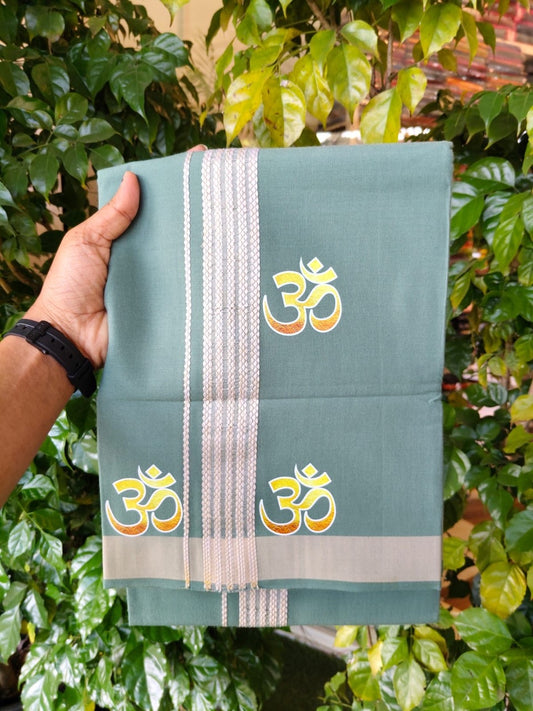 34% Discount ! Kaitharikada Pure Cotton - Single Kaily / Lungi -(40s)- 1.5 inch Cream Striped Ohm Printed Design kara with Green colour body  (2 meter / 4 muzham) - 58 KK8028 GAN