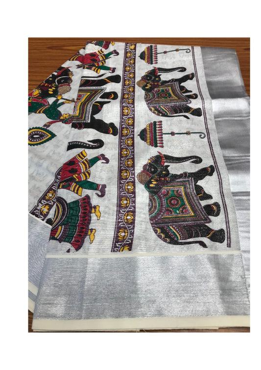 Kaitharikada Kerala Saree - Cotton silver kasavu Saree with Elephant print -4.45 Pallu - silver   Kara Kasavu  .-1.