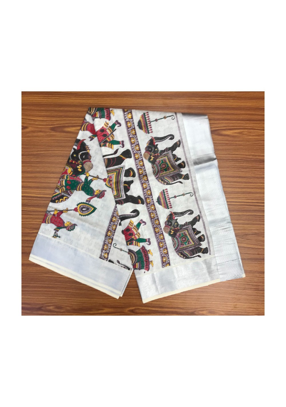 Kaitharikada Kerala Saree - Cotton silver kasavu Saree with Elephant print -4.45 Pallu - silver   Kara Kasavu  .-1.