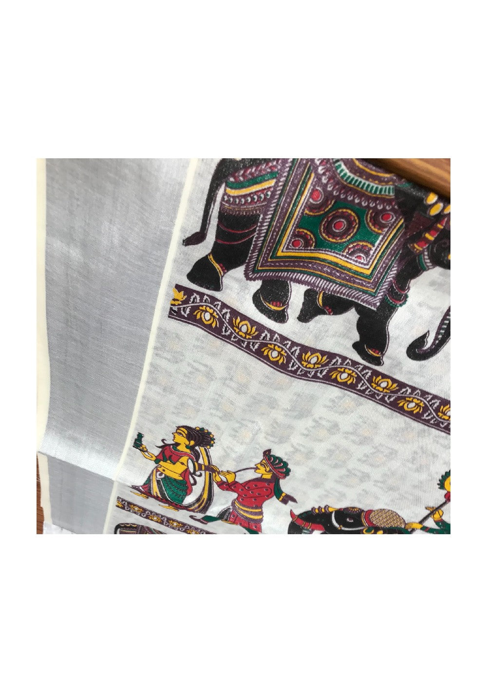 Kaitharikada Kerala Saree - Cotton silver kasavu Saree with Elephant print -4.45 Pallu - silver   Kara Kasavu  .-1.