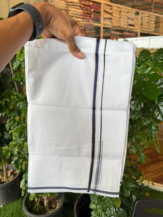 20% Discount ! Kaitharikada Balaramapuram 100% Cotton Pure White Double Mundu/Dothi - 100x80 - 1 cm Puliyilakkara Silver Kasav & Navy Blue Chutty Kara 4 mtr (8.5 muzham) - 61 KK5255 VAS