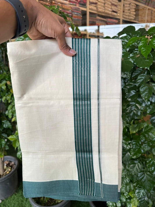 20% Discount! KaithariKada Balaramapuram 100% Cotton Off white Double Mundu/Dhoti - (100x80)S - 1.5 inch Dark Green & Silver Kasav Striped Kara - 4mtr (8.5muzham) - 82 KK5255 VAS