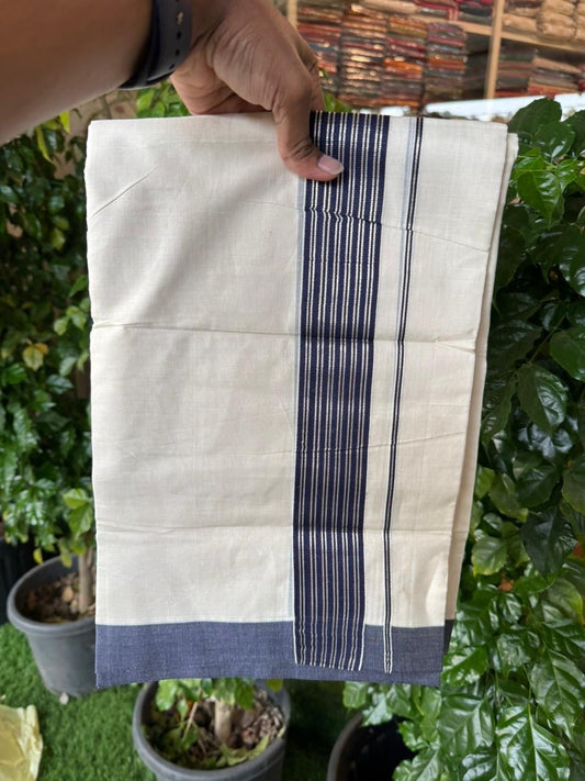 20% Discount! KaithariKada Balaramapuram 100% Cotton Off white Double Mundu/Dhoti - (100x80)S - 1.75 inch Navy Blue & Silver Kasav Striped Kara - 4mtr (8.5muzham) - 83 KK5255 VAS