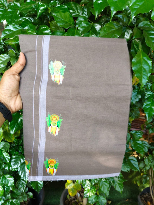9% Discount !! Kaitharikada Pure Cotton - Single Kaily / Lungi - (40s) - 0.5 inch Printed Kadhakali Design kara with Grey colour body (2 meter / 4 muzham) - 28 KK8028 GAN