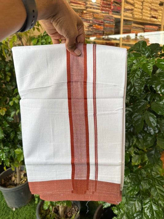 20% Discount ! KaithariKada Balaramapuram 100% Cotton Double Pure white Mundu/Dhoti- 100x80 - 1.75 inch Brick Orange shaded Kara - 3.90mtr ( 8 muzham) - 32 KK5251 PMC