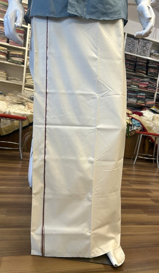 20% Discount!! KaithariKada Balaramapuram 100% COTTON SINGLE OFF WHITE - (Unbleached) Mundu/Dhoti - 100X100 - 0.5 Inch Maroon & Silver Puliyilakkara Chutty (2 meter / 4 muzham) - 3KK5035ASH