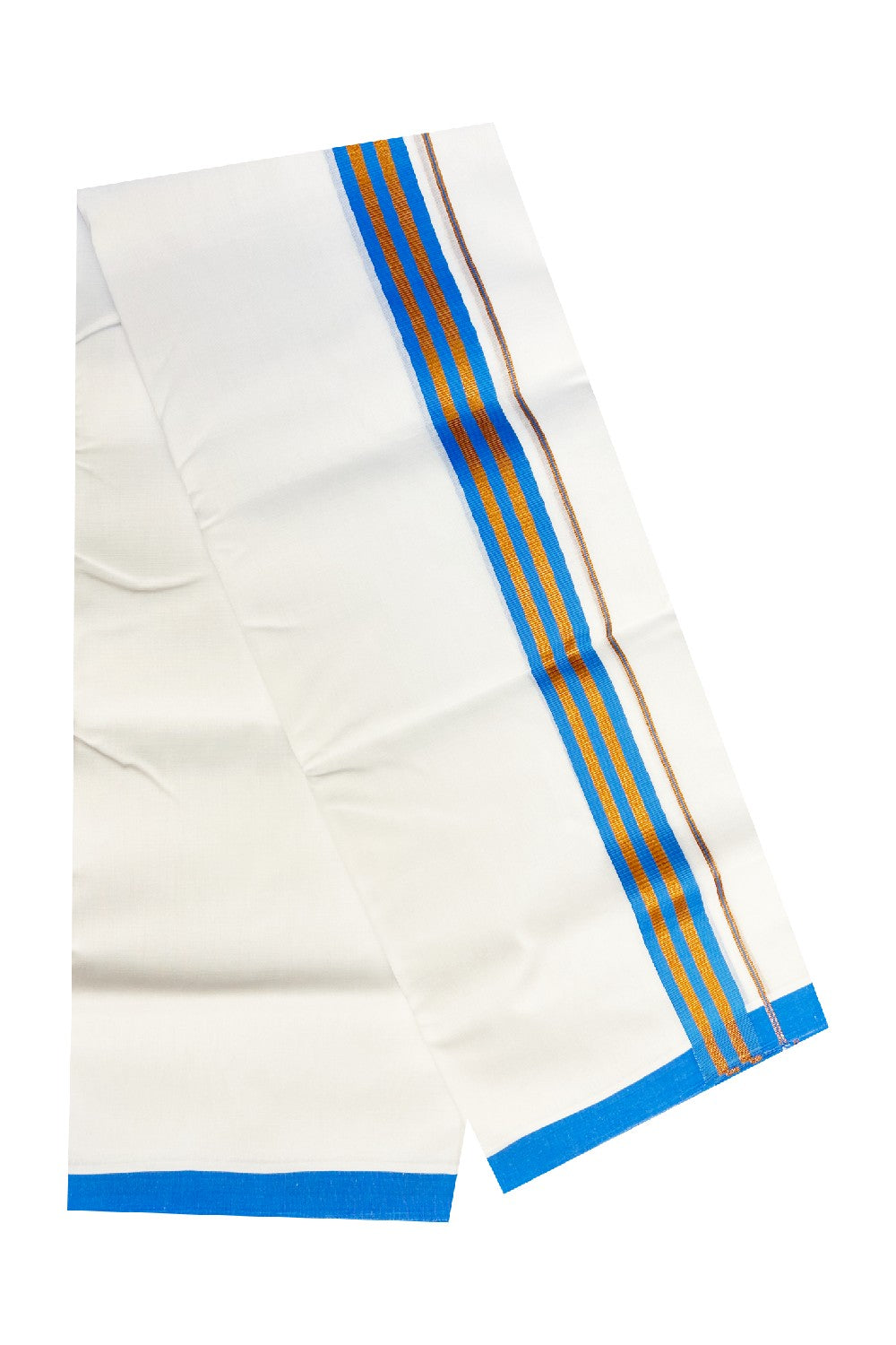 KaithariKada 100 Cotton PURE White Double Dhoti/Mundu 1 inch Sky Blu