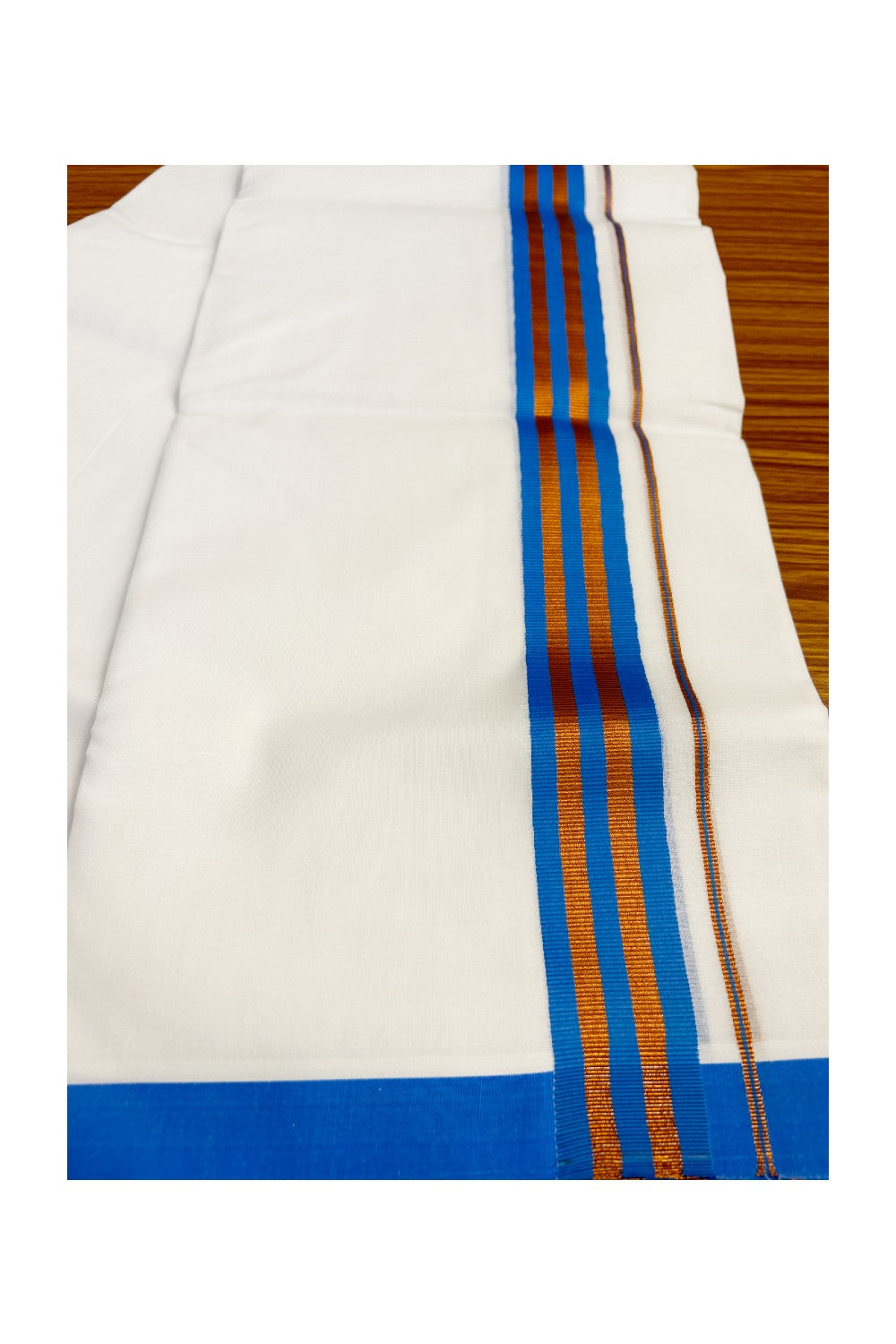 KaithariKada 100 Cotton PURE White Double Dhoti/Mundu 1 inch Sky Blu