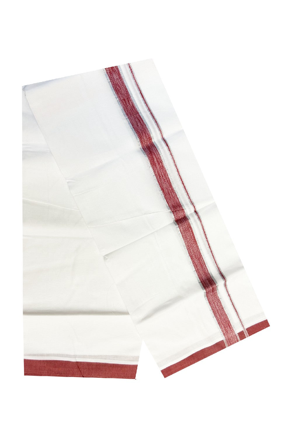 KaithariKada 100% Cotton PURE White  Double  Dhoti/Mundu -2 inch   Light Maroon & Silver  Border. -28.