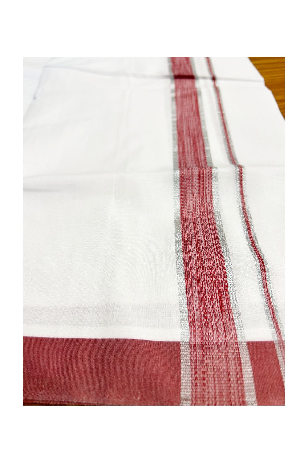 KaithariKada 100% Cotton PURE White  Double  Dhoti/Mundu -2 inch   Light Maroon & Silver  Border. -28.