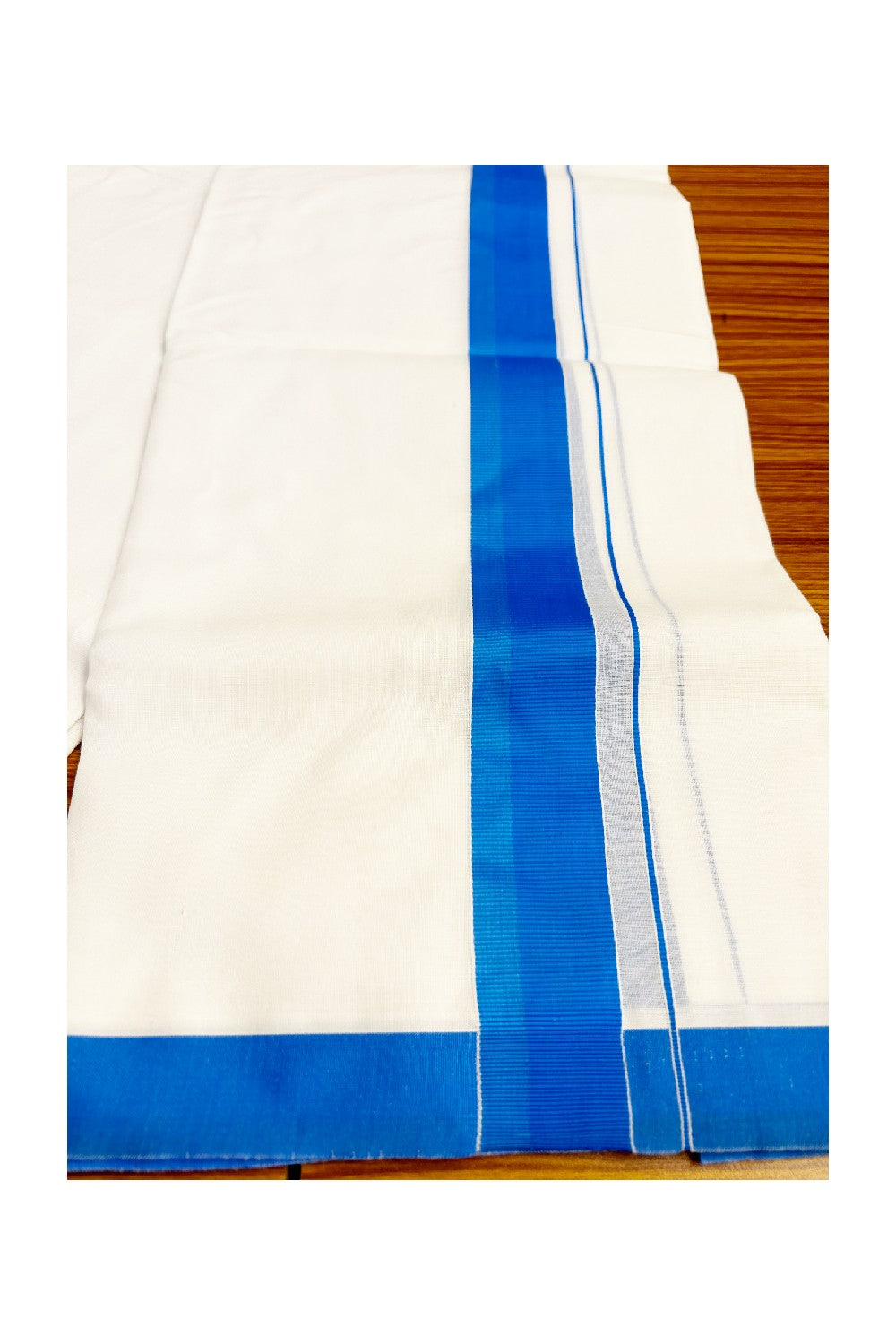 KaithariKada 100 Cotton PURE White Double Dhoti/Mundu 1 inch Sky Blu