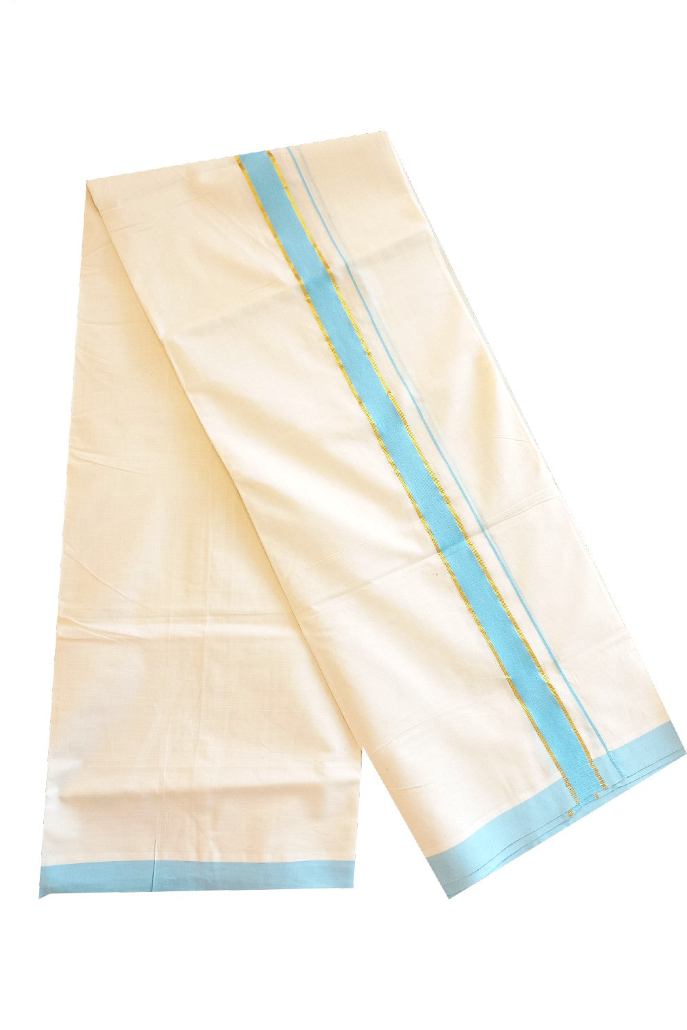 KaithariKada 100 Cotton Double Dhoti/Mundu 1inch Kasavu&sky blue st